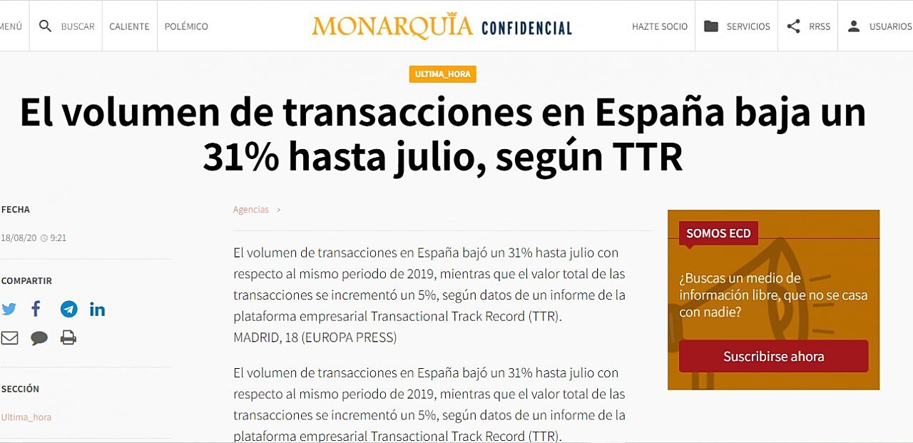 El volumen de transacciones en Espaa baja un 31% hasta julio, segn TTR